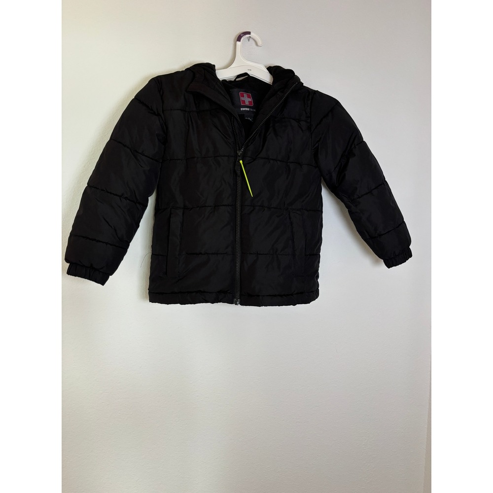 Swiss Tech Boys Black Hooded Puffer Jacket Fleece Lined Size S 6-7
